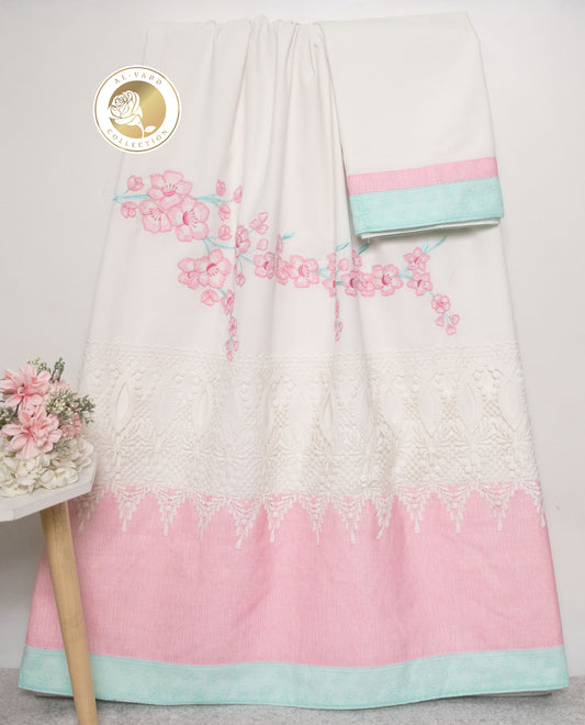 White Rida With Imported Lace & Smart Floral Work & Plain Panel