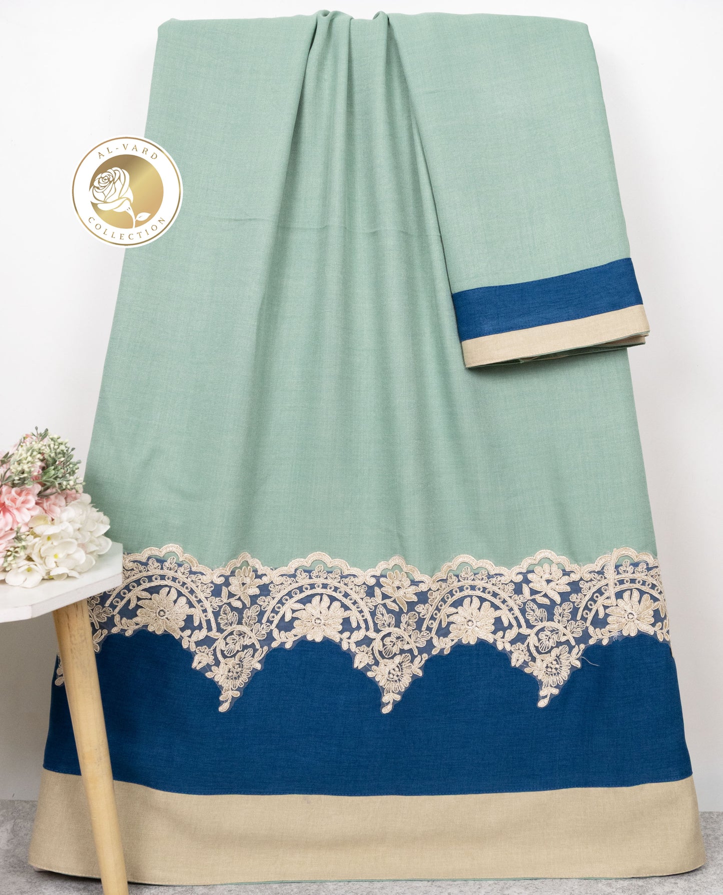 Seafoam Green Rida With Beige Navy Panel & Smart Floral Lace