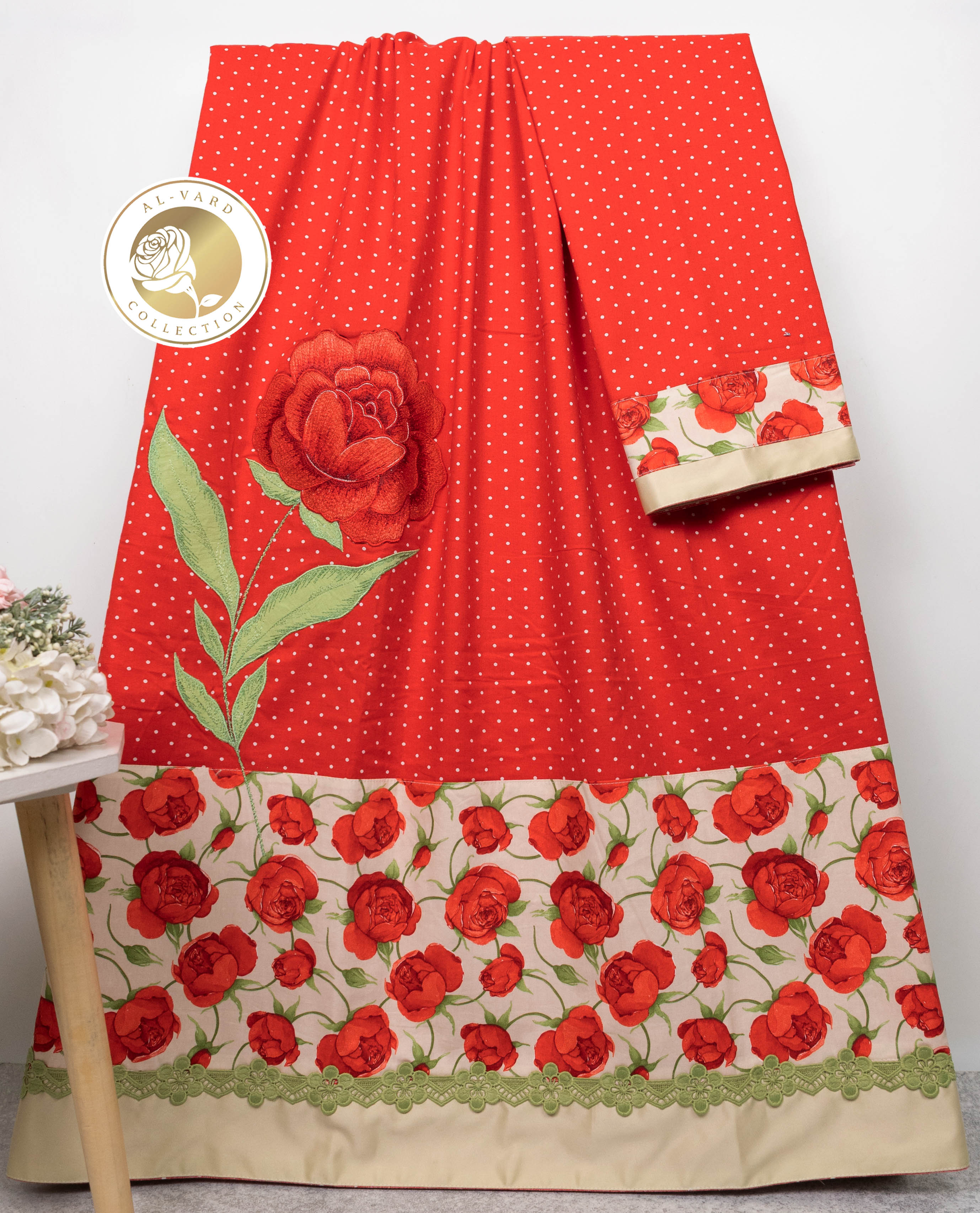 Rose Red White Mini Dots Rida With Smart Rose Print Panel Lace & Rose Embroidery Work