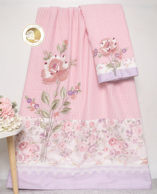 White & Pink Stripes Popcorn Rida With Floral Panel & Floral Aari Work