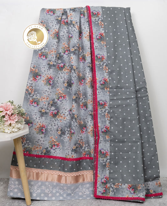 Light Grey Floral Printed Jodi With Smart Lace Panel & Dotted Dupatta With Border