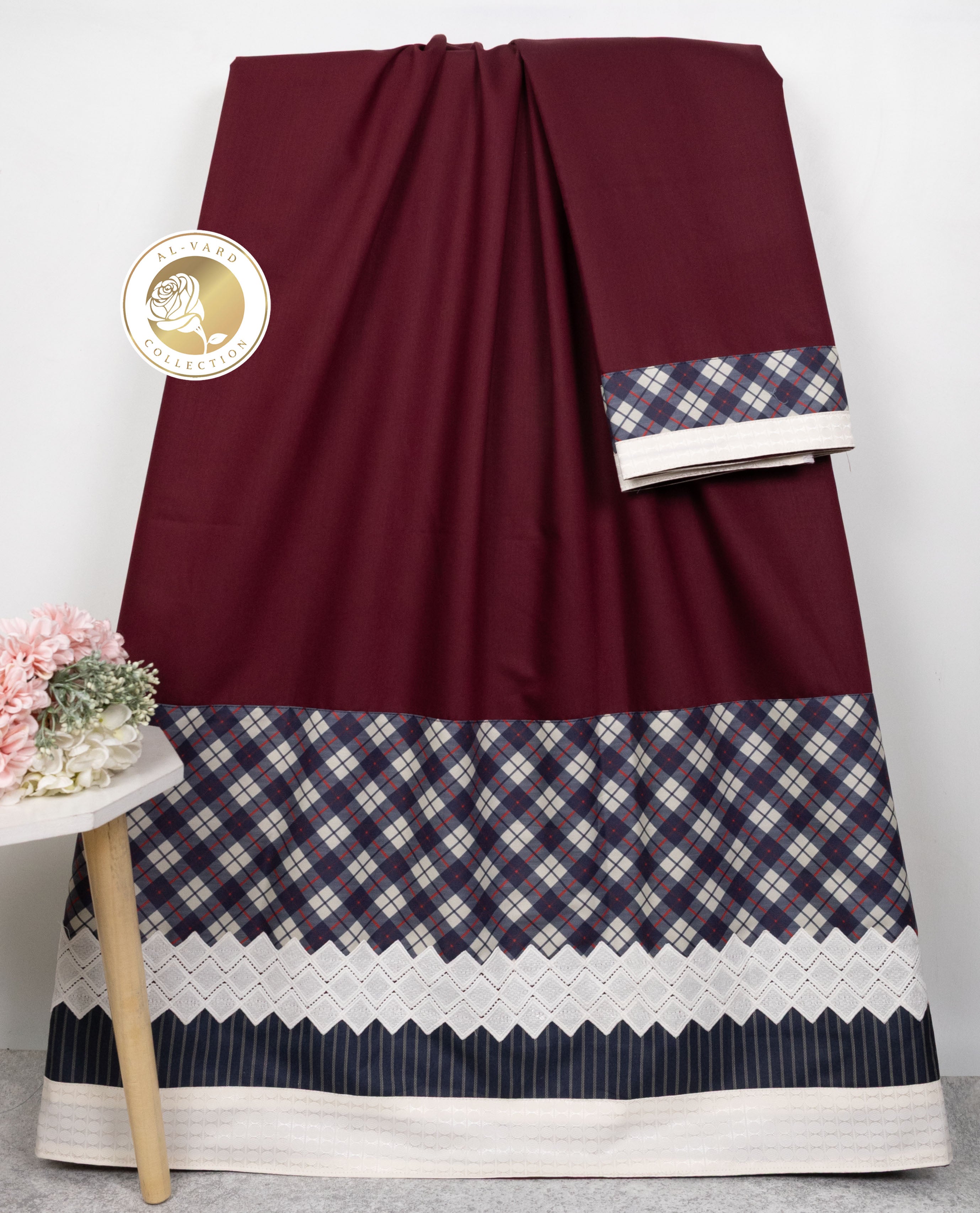 Burgundy Rida With Smart Checks Lining Panel & Smart White Lace