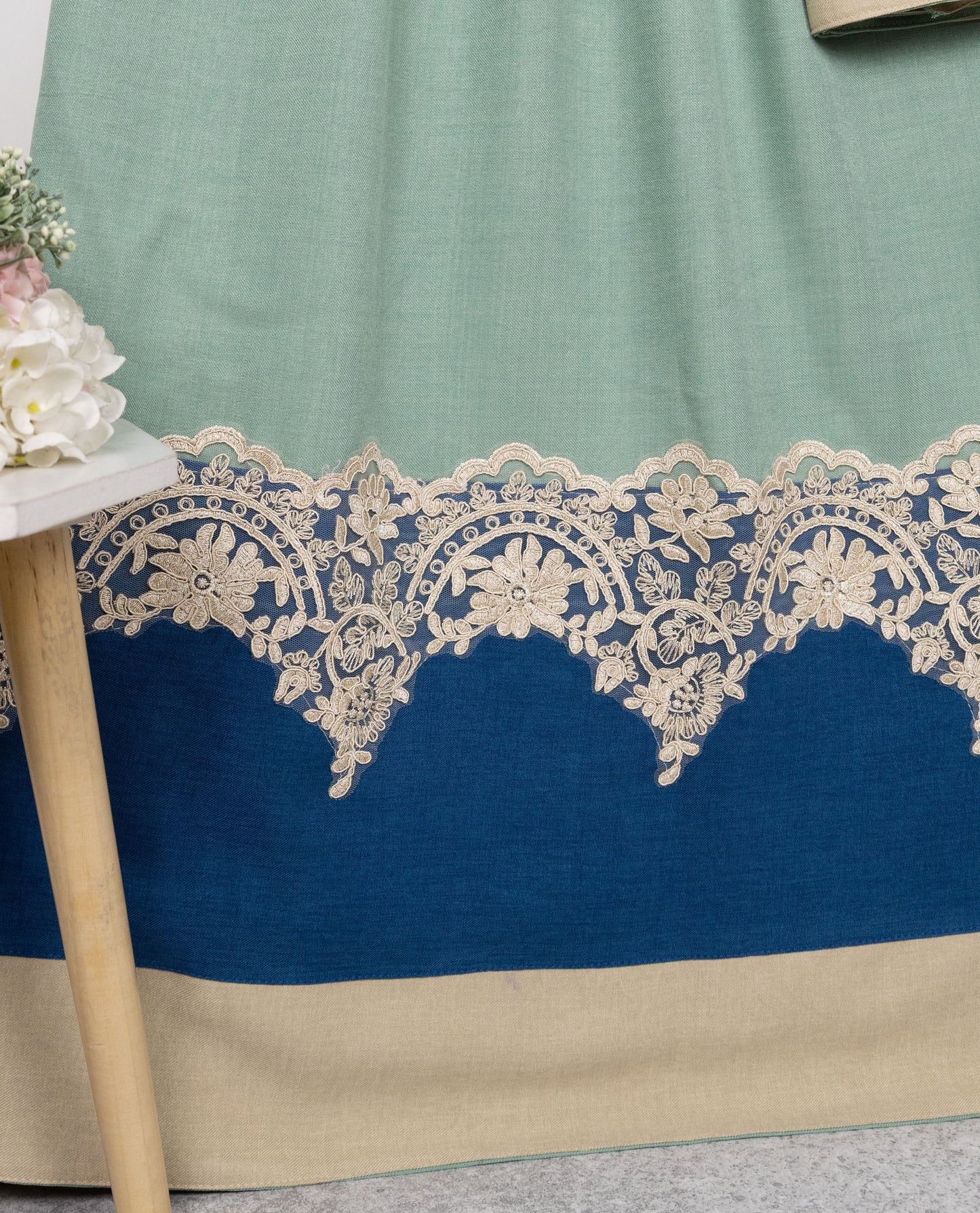 Seafoam Green Rida With Beige Navy Panel & Smart Floral Lace