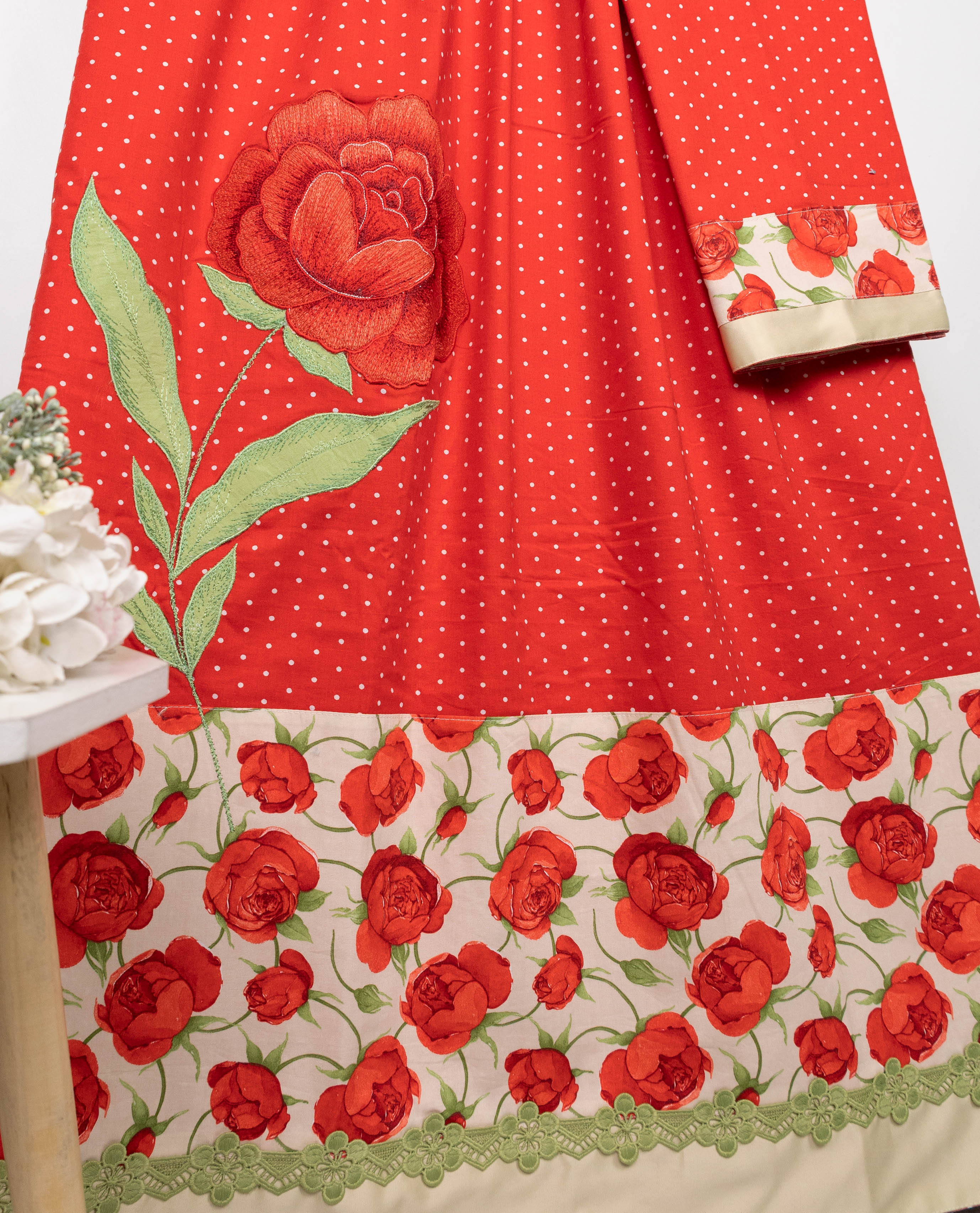 Rose Red White Mini Dots Rida With Smart Rose Print Panel Lace & Rose Embroidery Work
