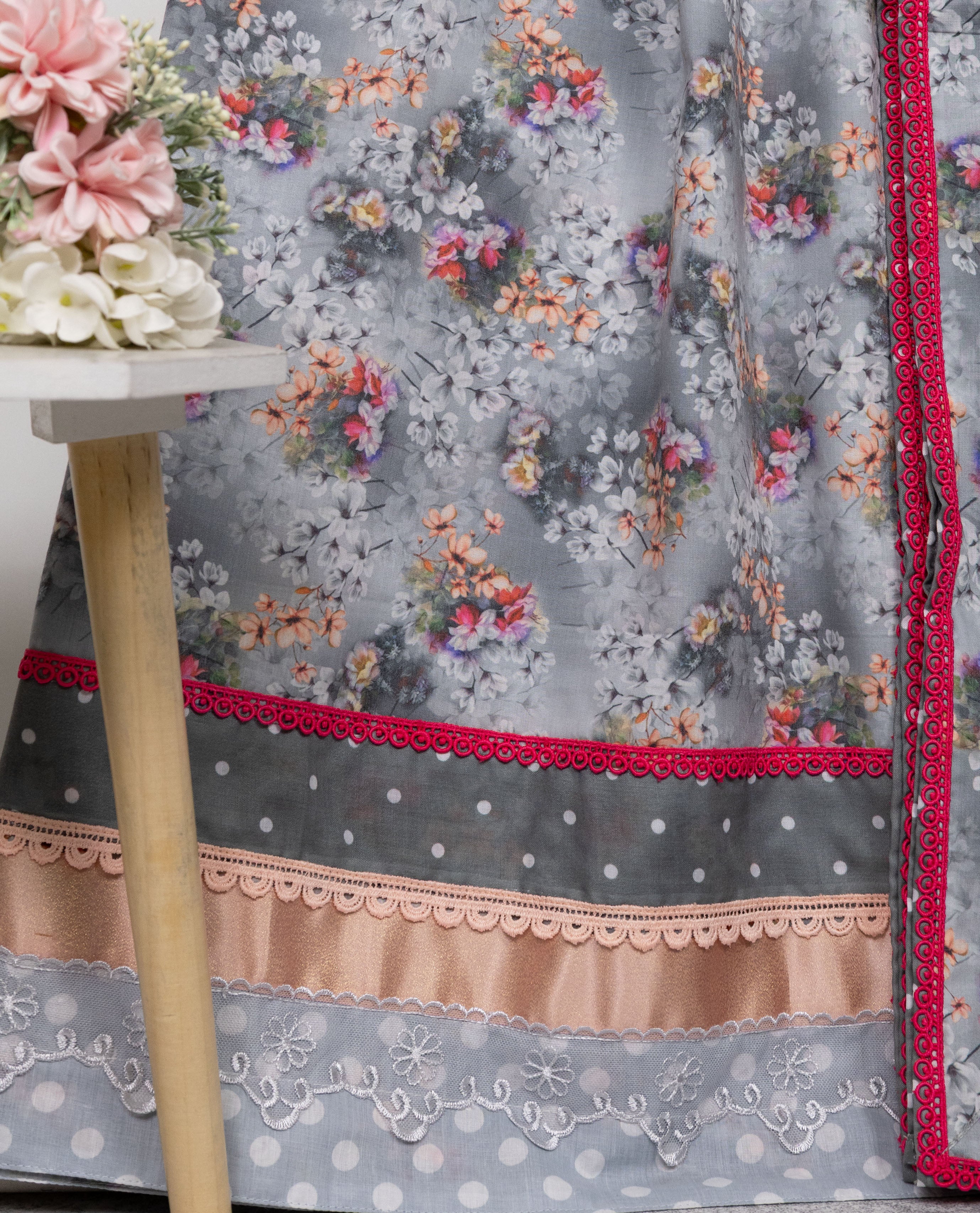 Light Grey Floral Printed Jodi With Smart Lace Panel & Dotted Dupatta With Border