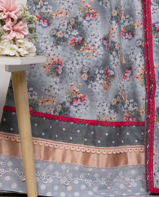 Light Grey Floral Printed Jodi With Smart Lace Panel & Dotted Dupatta With Border
