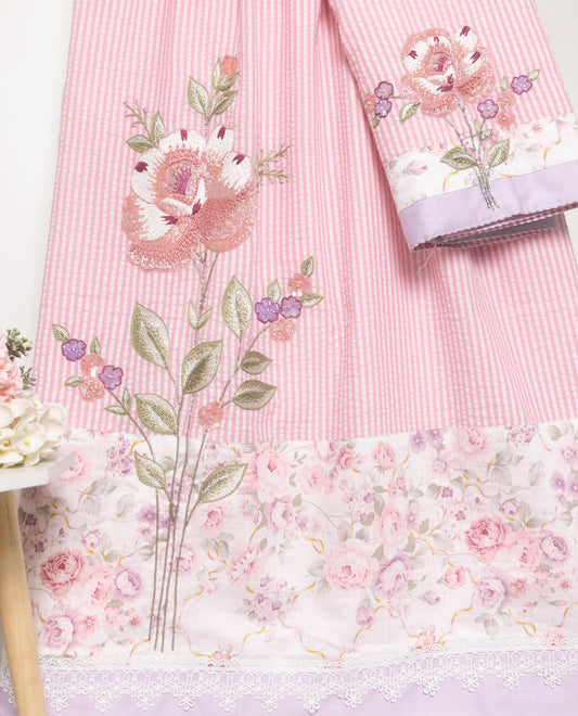 White & Pink Stripes Popcorn Rida With Floral Panel & Floral Aari Work