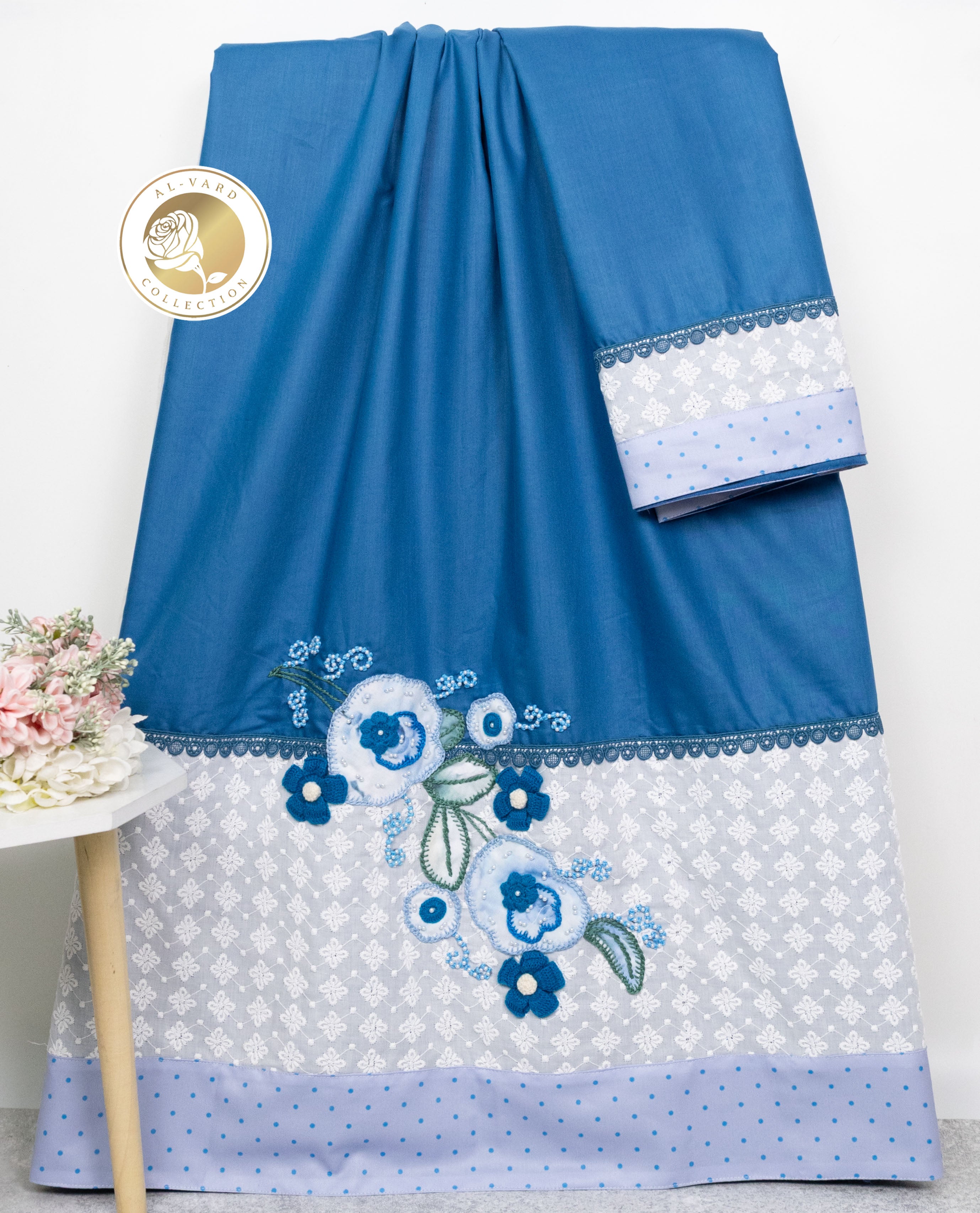 Peacock Blue Rida With Smart White Panel Lace & Floral Applique Work