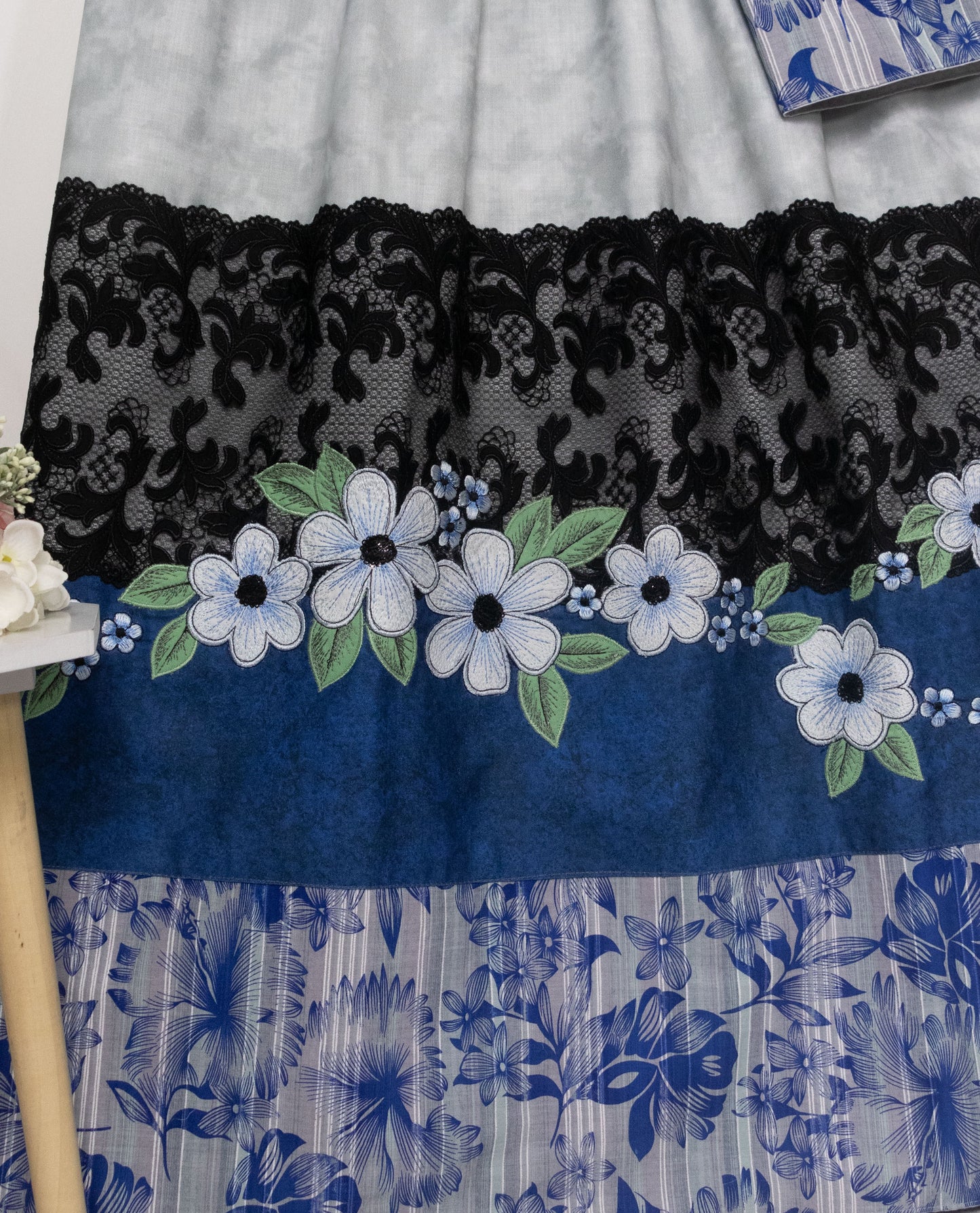 Light Grey Rida With Smart Floral Blue Panel & Black Lace