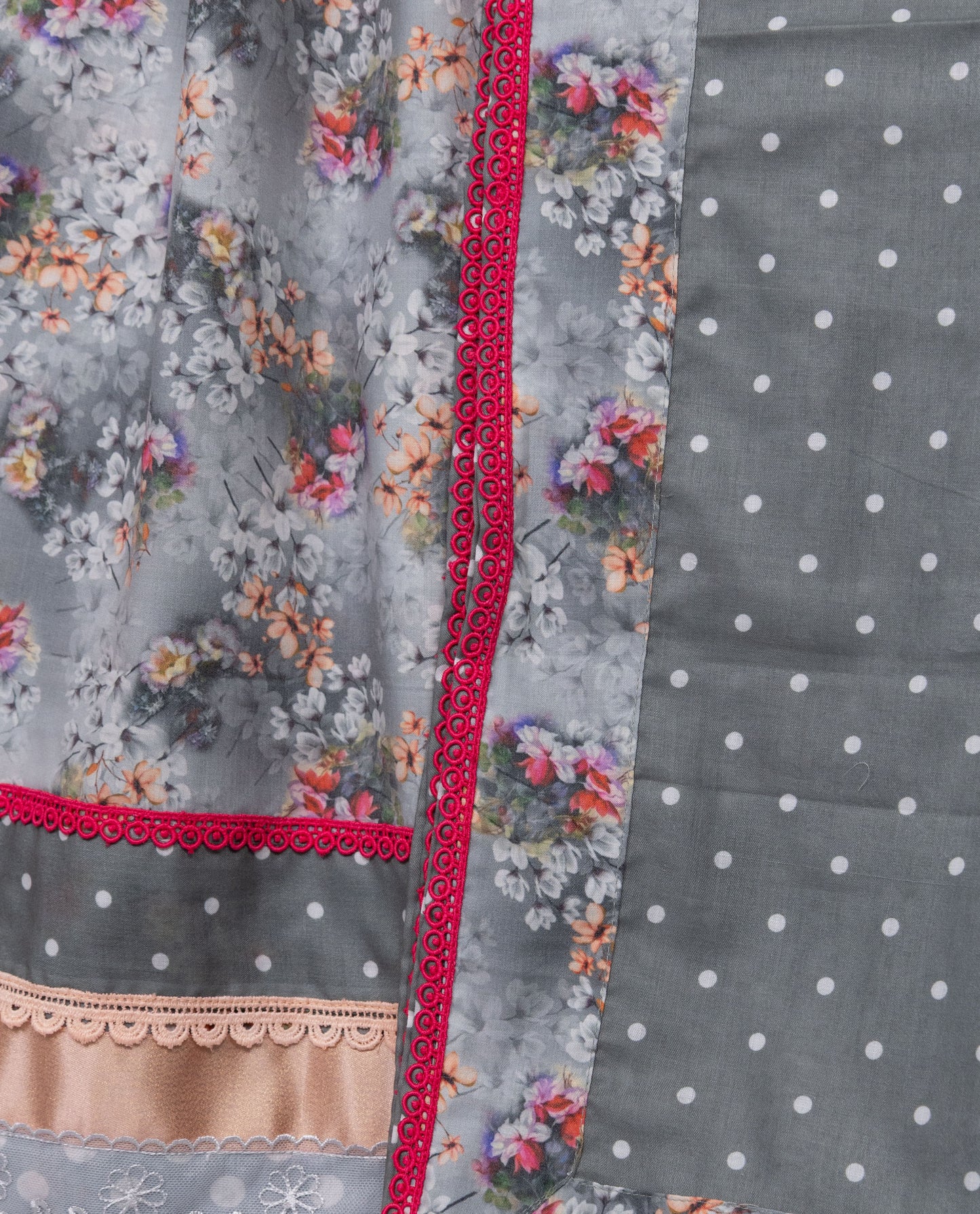 Light Grey Floral Printed Jodi With Smart Lace Panel & Dotted Dupatta With Border