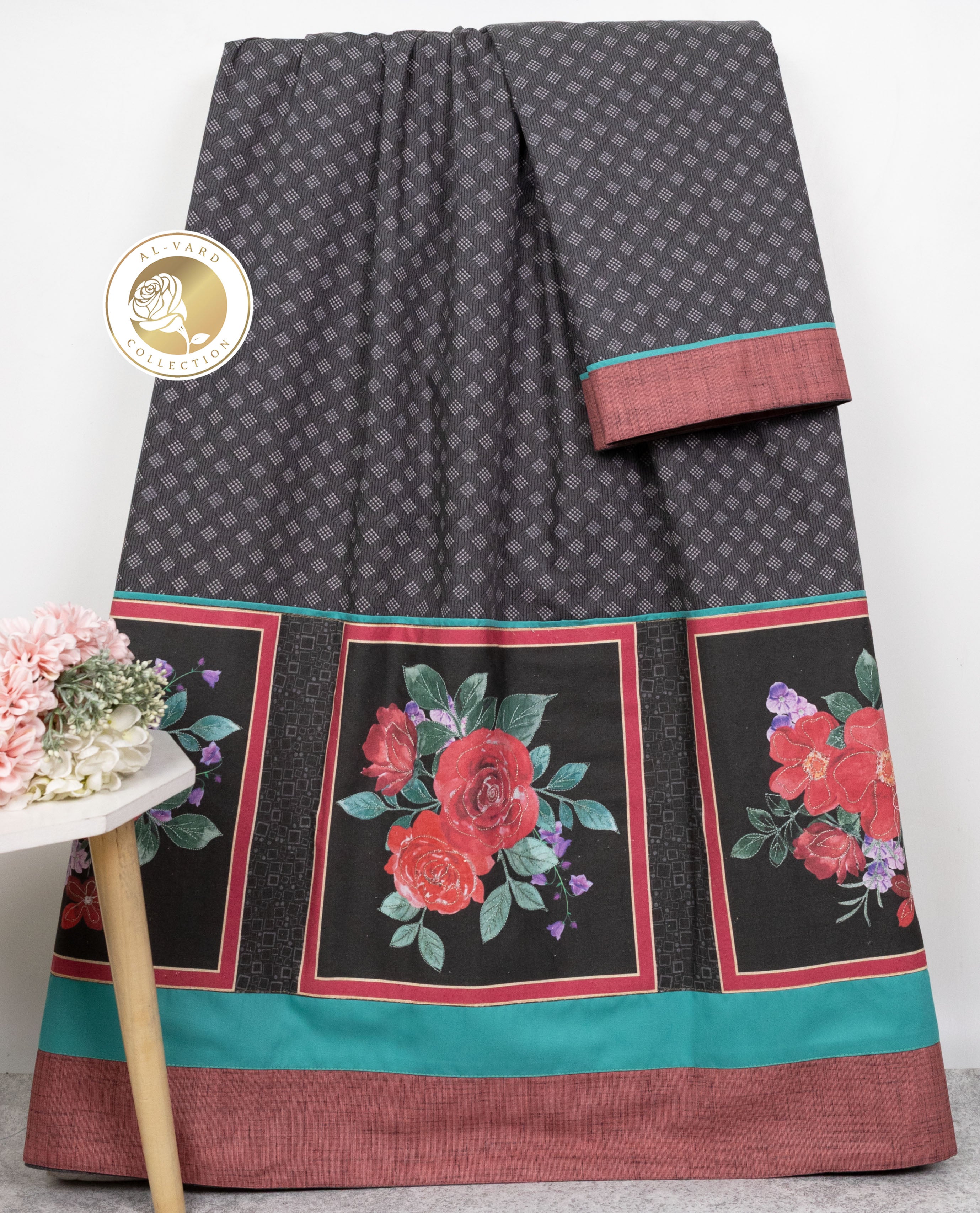 Dark Charcoal Grey Silver Design Rida With Smart Floral Patch Panel