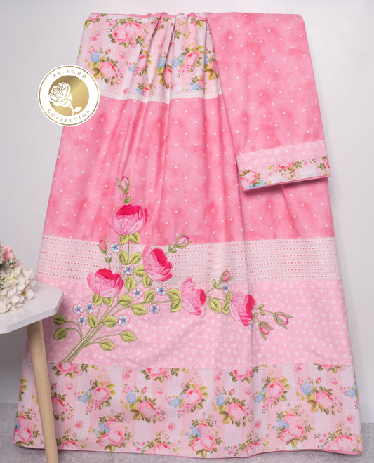 Onion Pink Marble Rida With Smart Floral Panel & Floral Applique Work