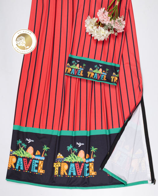 Dark Orange Black Stripes Swim Wear With Travel Printed Objects On Black Base