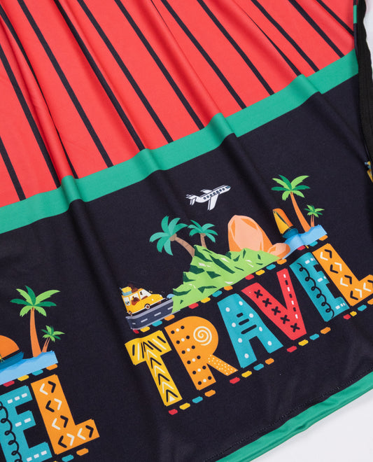 Dark Orange Black Stripes Swim Wear With Travel Printed Objects On Black Base