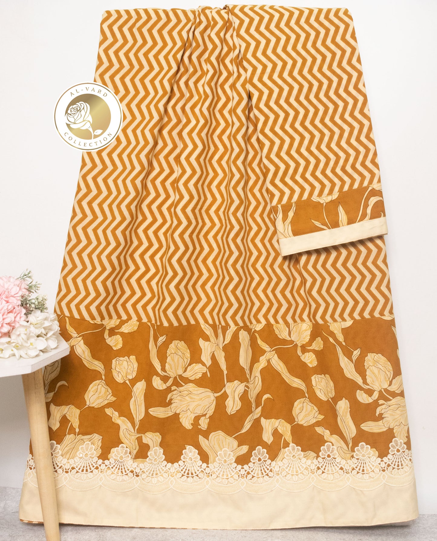 Mustard Yellow Chevron Rida With Smart Floral Panel & Lace