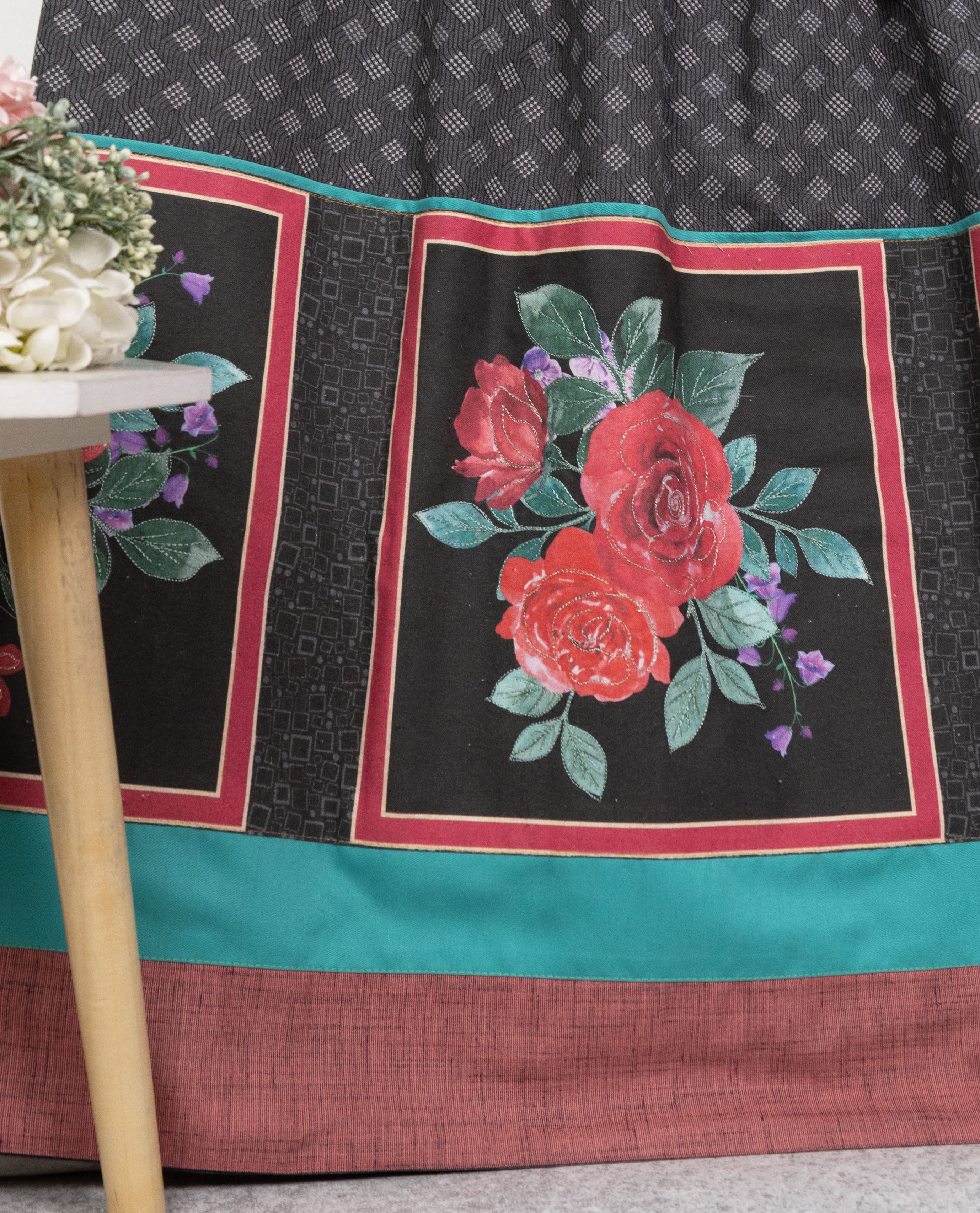 Dark Charcoal Grey Silver Design Rida With Smart Floral Patch Panel