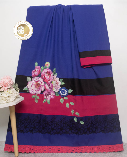 Royal Blue Rida With Smart Dark Color Panel Lace & Floral Applique Bunch