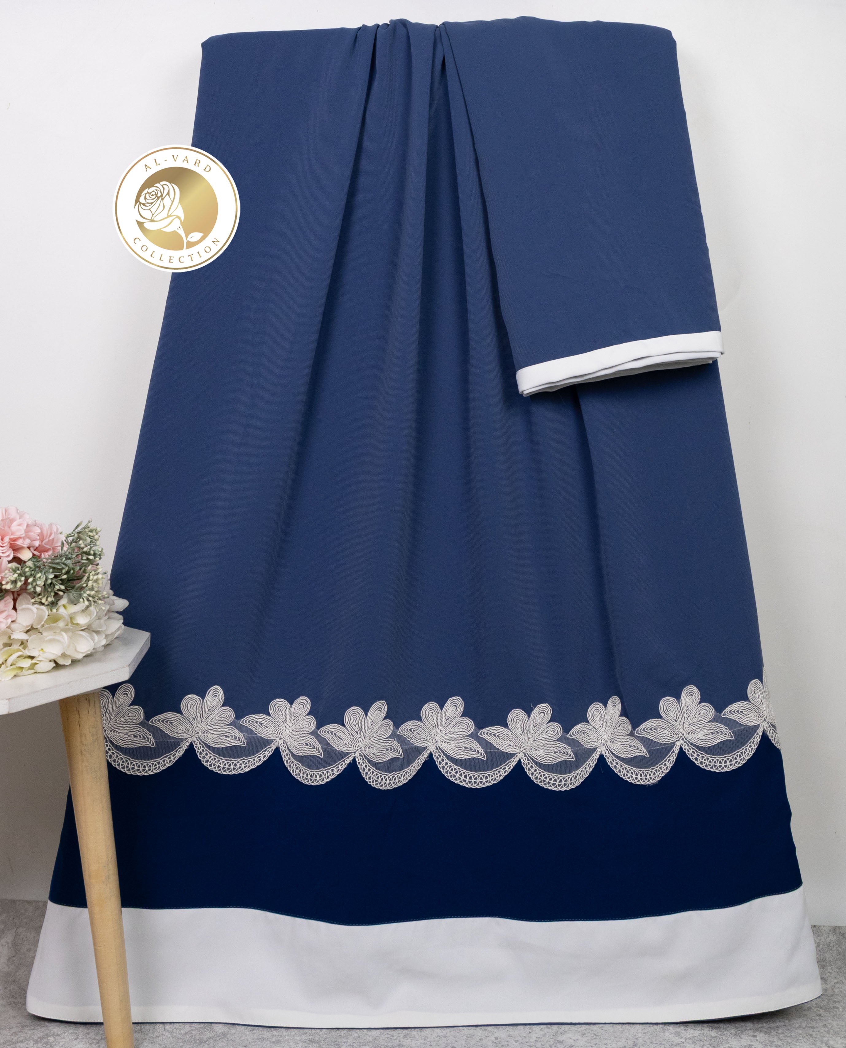Oxford Blue Abaya Rida With Black & White Abaya Panel & Smart Lace