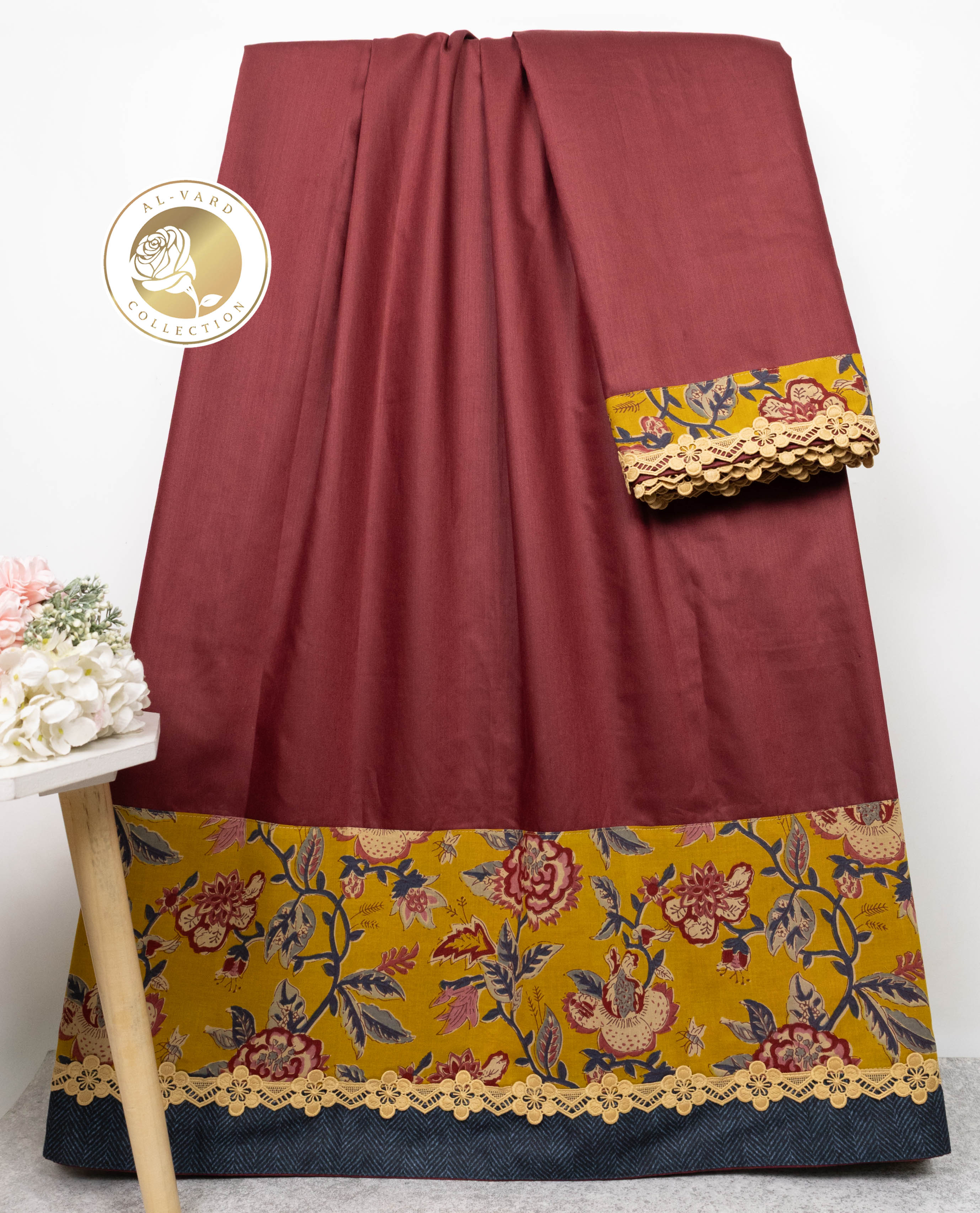 Maroon Rida With Smart Mustard Yellow Printed Panel & Smart Lace