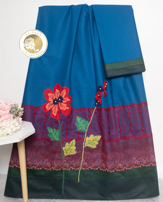 Peacock Blue Rida With Smart Dark Panel Lace & Floral Work