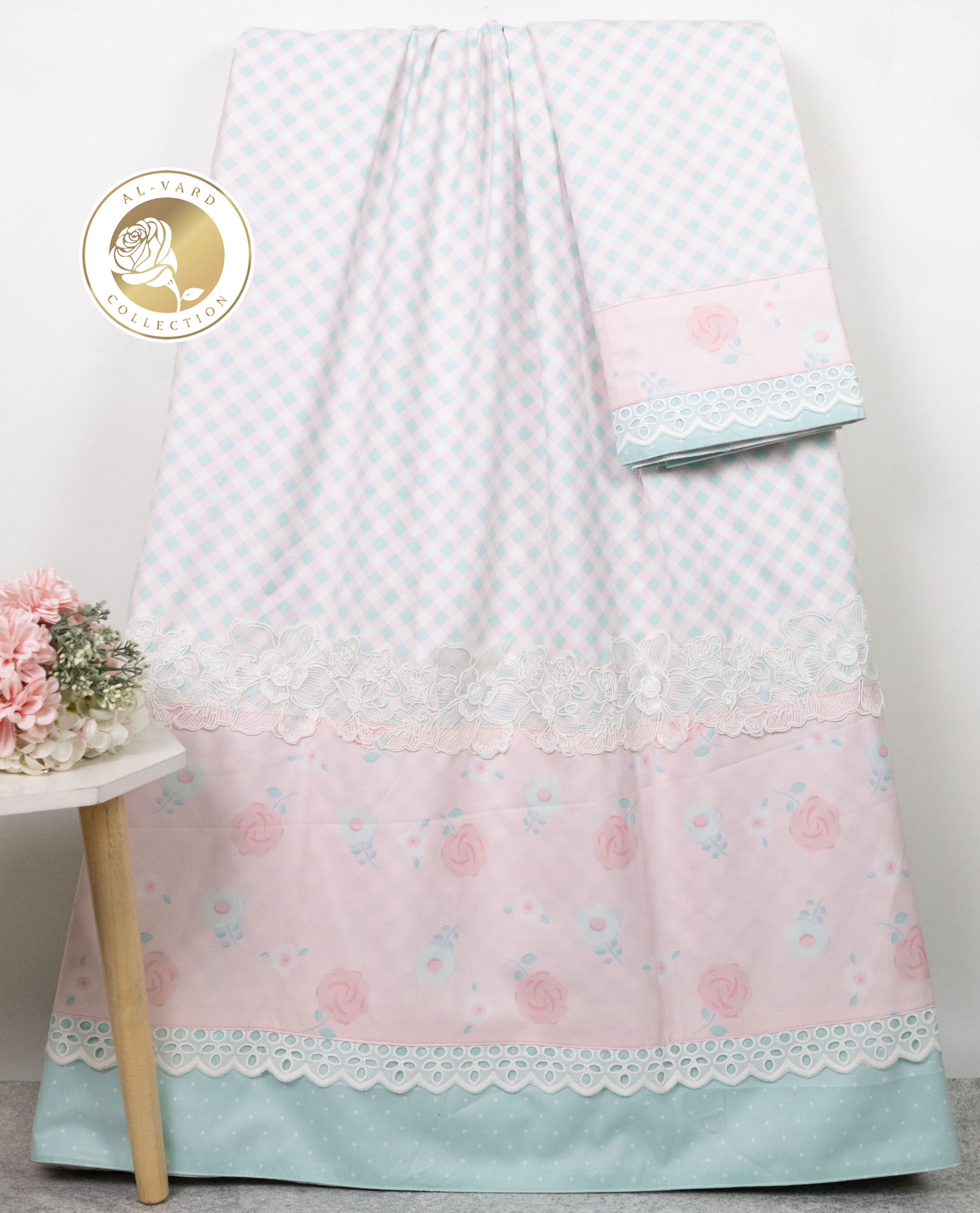 White Base Cheks Rida With Baby Pink Base Floral Print Panel & Smart Lace-2150/-