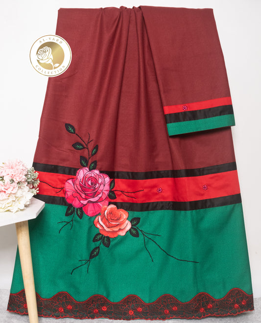 Barn Red Rida With Smart Green Panel Smart Lace & Rose Applique Bunch