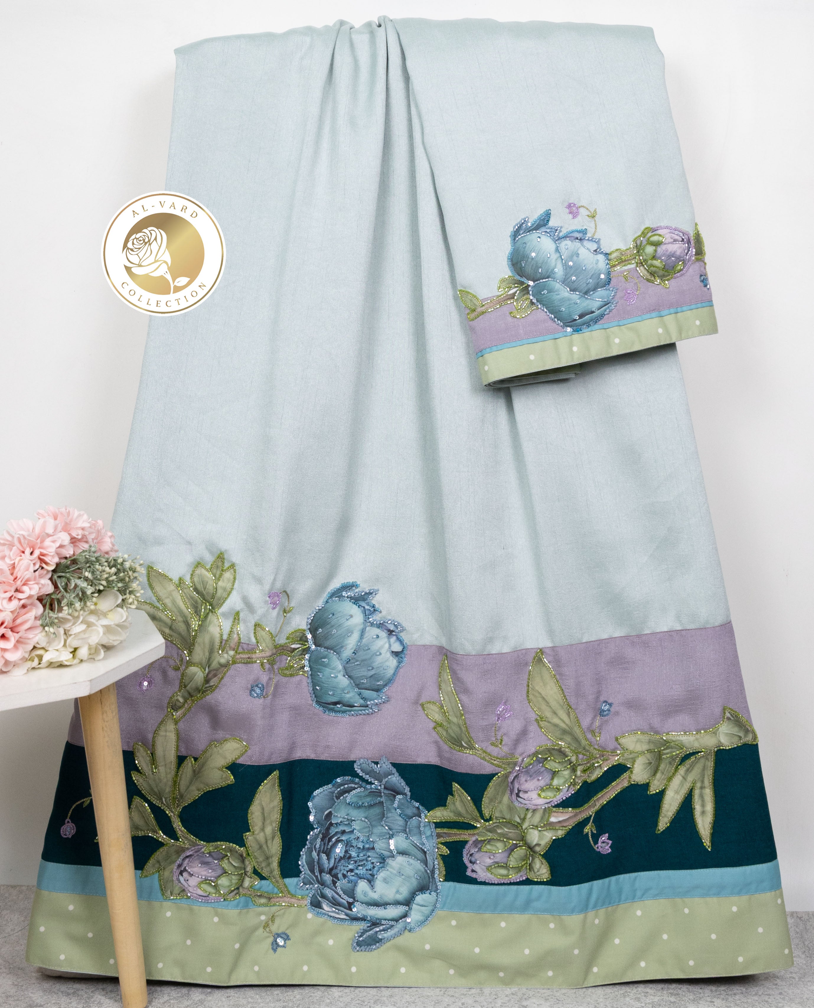 Pale Ice Blue Rida With Smart Dark Panel Floral Applique With Aari Touch Up