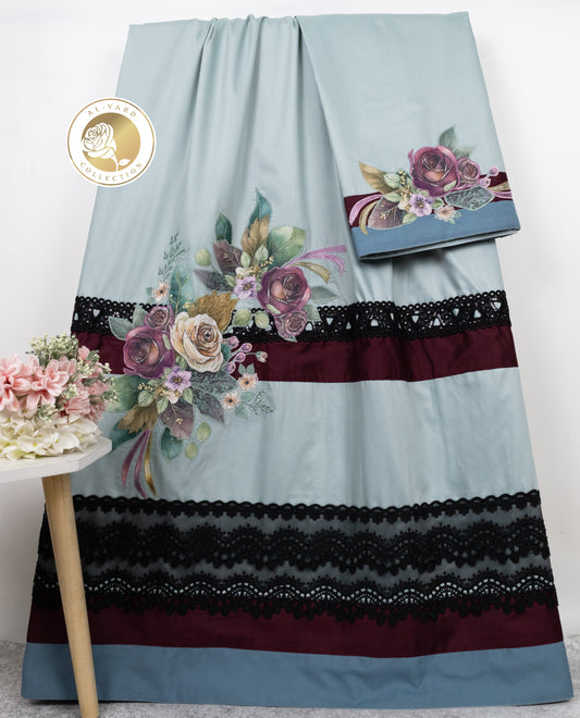 Sea Blue Rida With Dark Panel Smart Dark Lace & Floral Applique Work