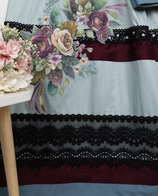 Sea Blue Rida With Dark Panel Smart Dark Lace & Floral Applique Work