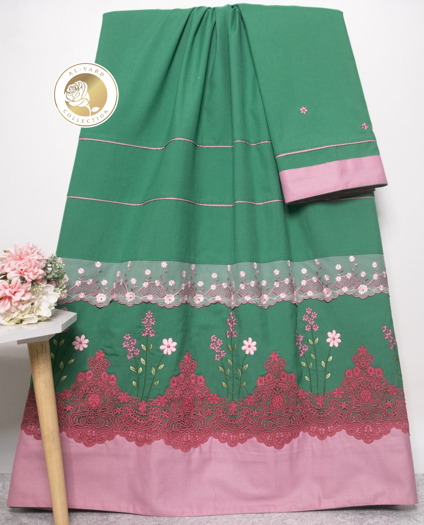 Dark Green With Smart Floral Lace Pipin & Floral Embroidery