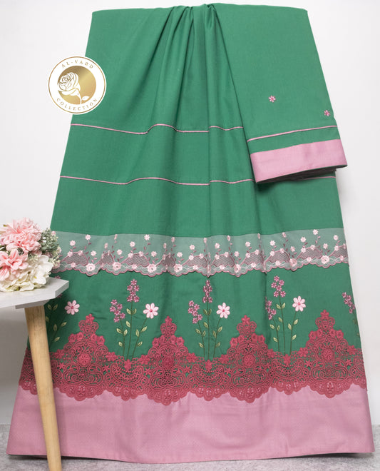 Dark Green With Smart Floral Lace Pipin & Floral Embroidery