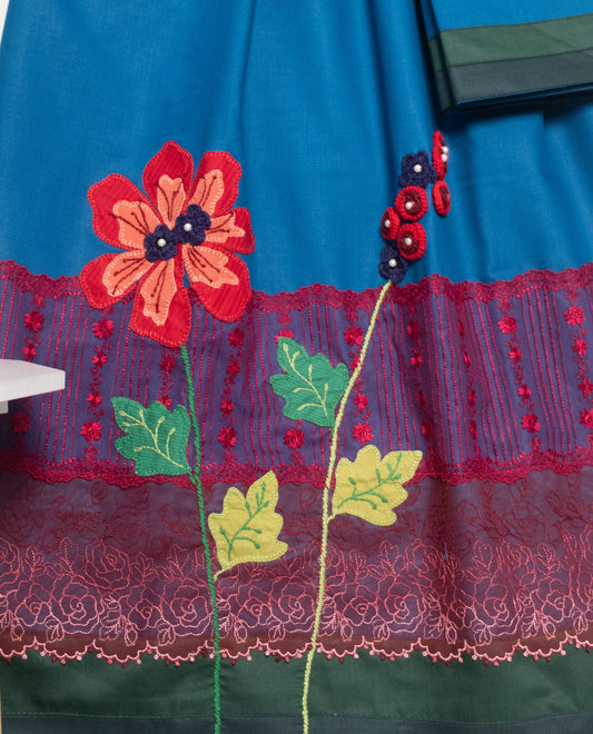 Peacock Blue Rida With Smart Dark Panel Lace & Floral Work