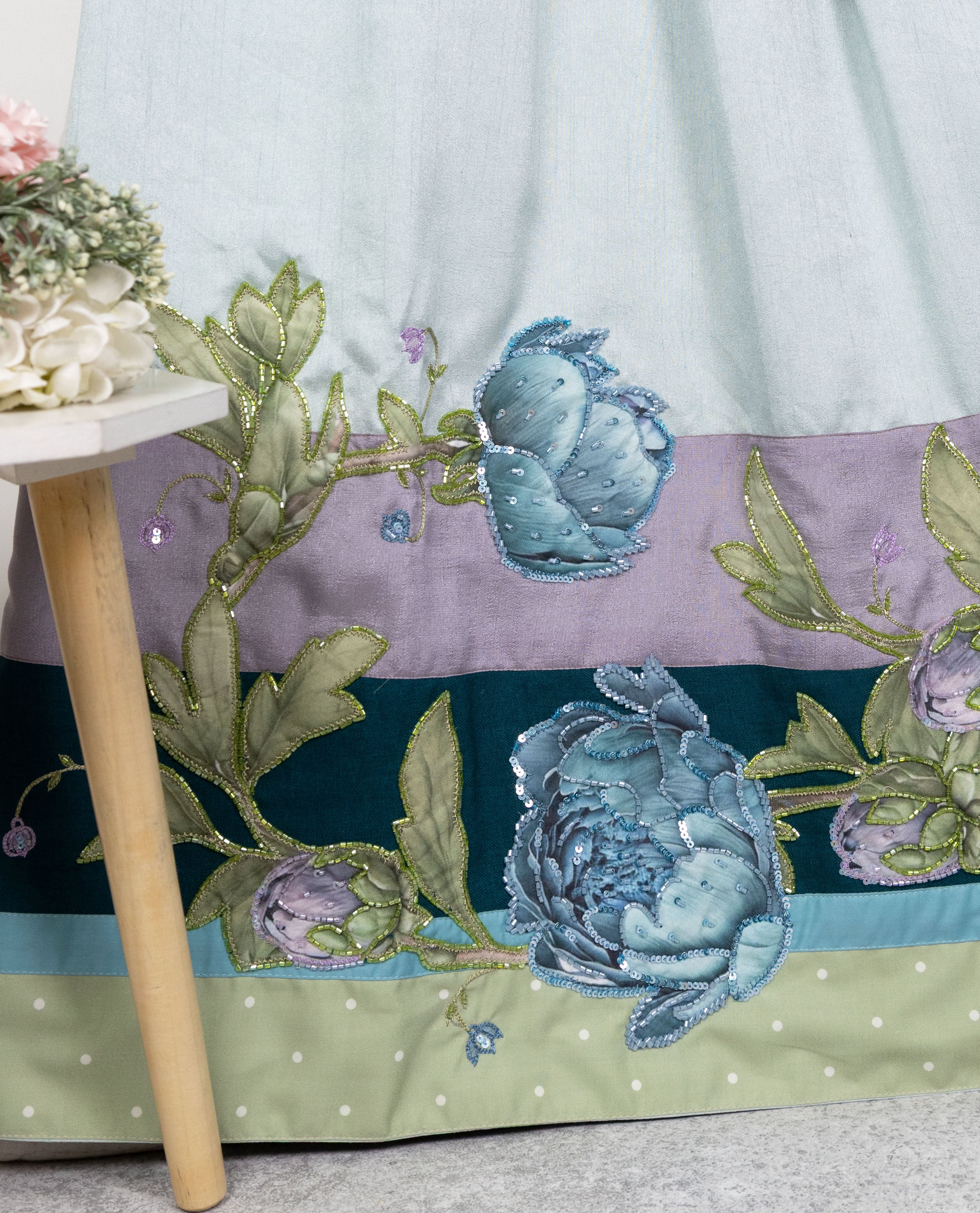 Pale Ice Blue Rida With Smart Dark Panel Floral Applique With Aari Touch Up