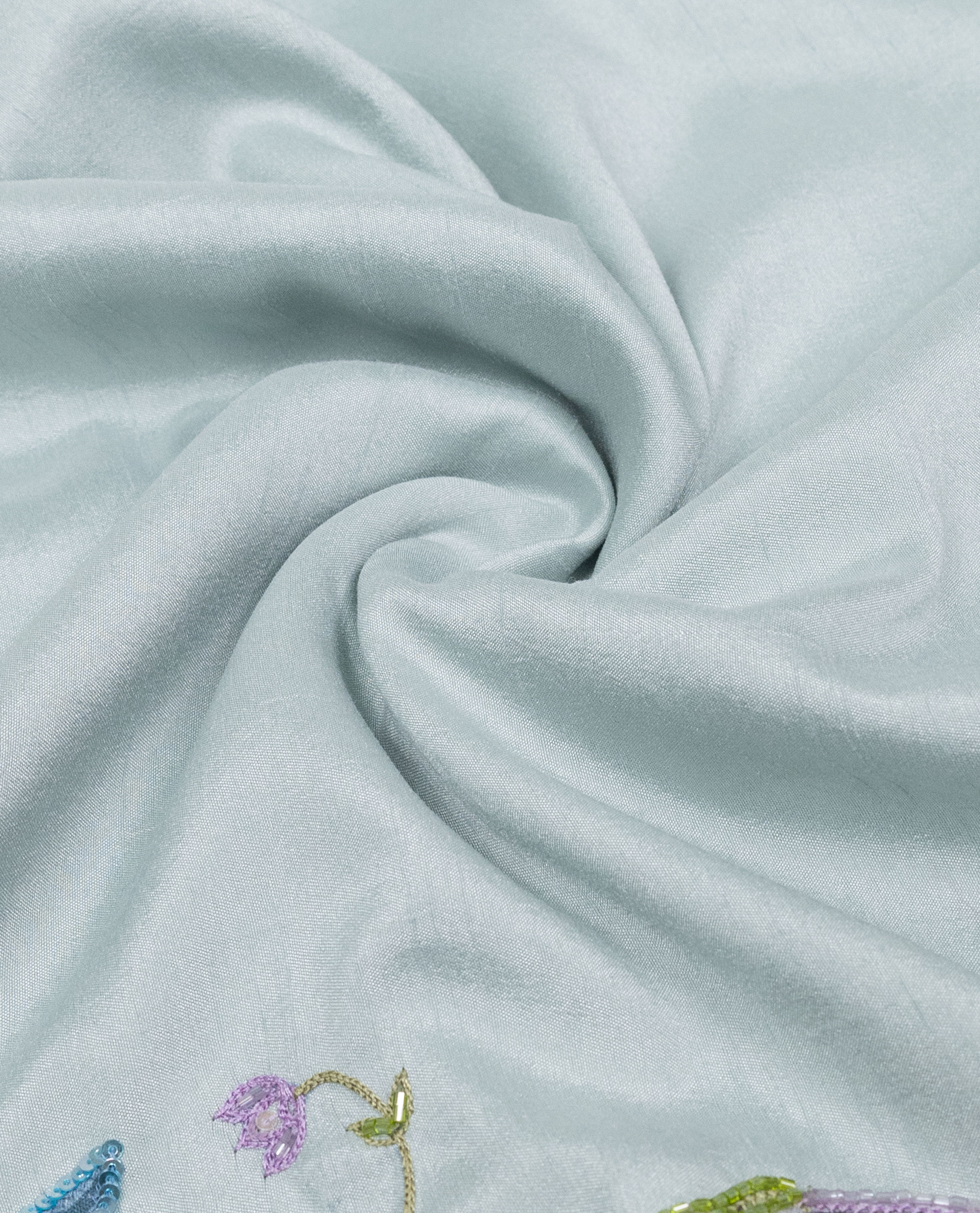 Pale Ice Blue Rida With Smart Dark Panel Floral Applique With Aari Touch Up