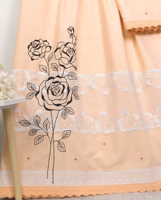 Peach Rida With Floral Lace & One Side Floral Black Work