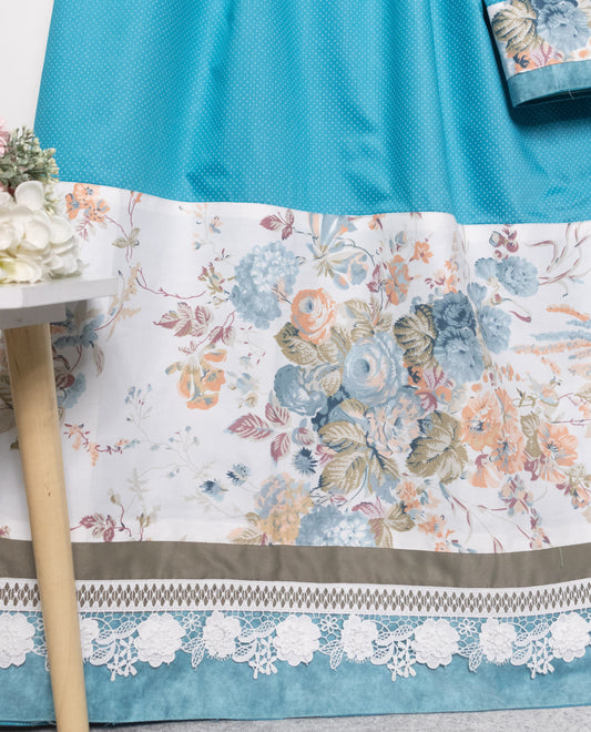 Turquoise Blue Rida With Smart Floral Print & Smart Lace-1650/-