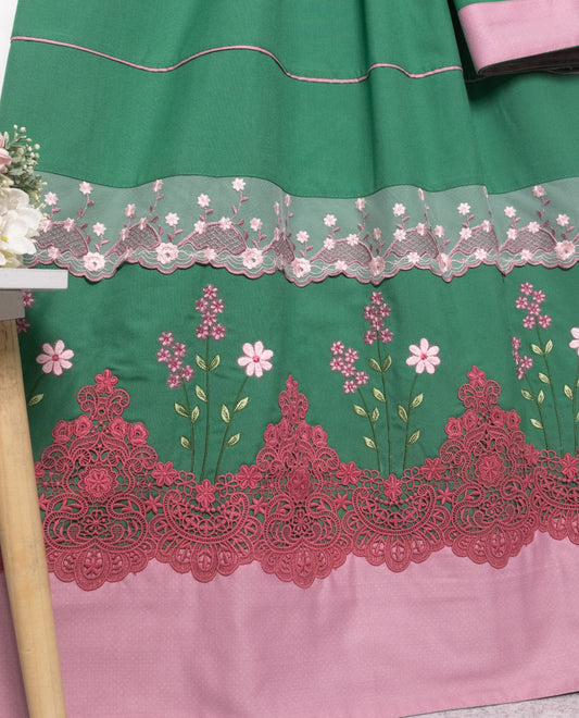 Dark Green With Smart Floral Lace Pipin & Floral Embroidery