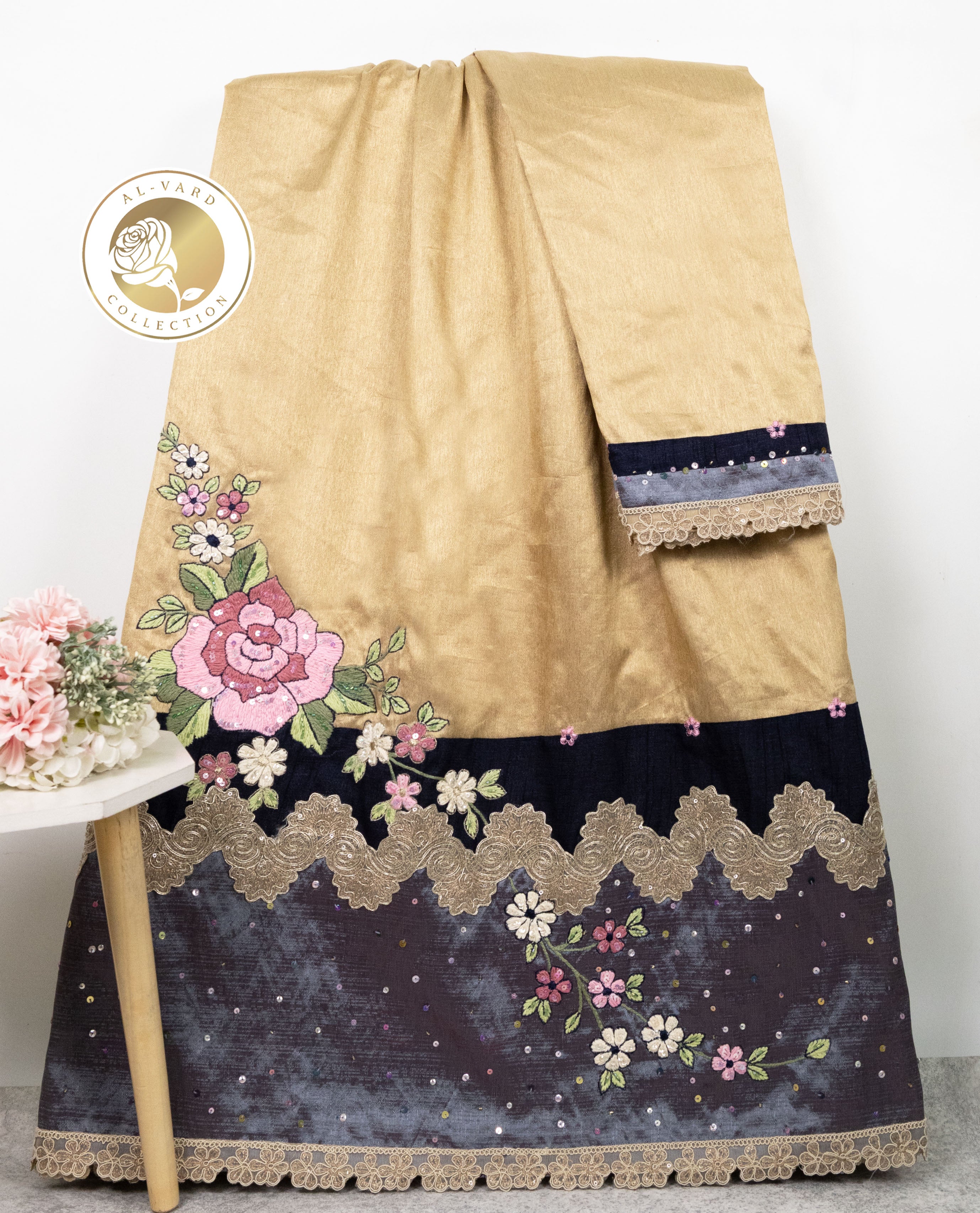 Golden Beige Rida With Heavy Look Panel Golden Lace & Floral Aari Work-4200/-