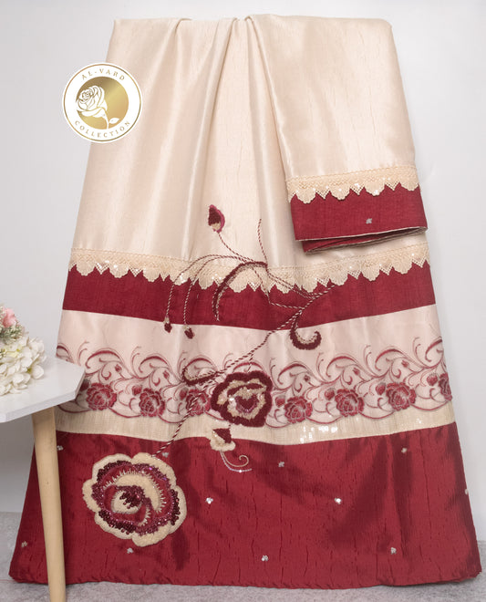 Cream Rida With Dark Maroon Panel Floral Lace & Floral Work