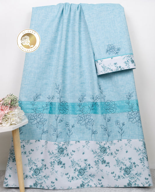Chambray Blue Rida With Smart Floral Print Panel & Floral Embroidery Work