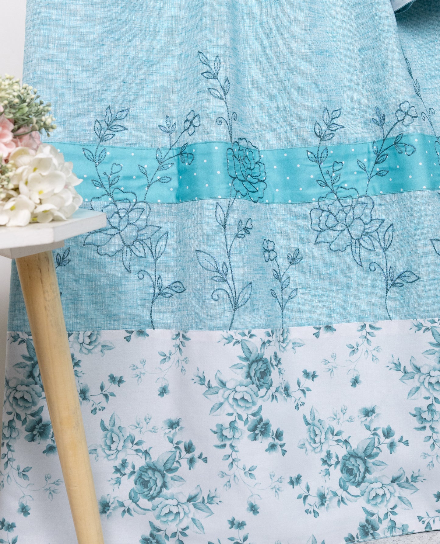 Chambray Blue Rida With Smart Floral Print Panel & Floral Embroidery Work