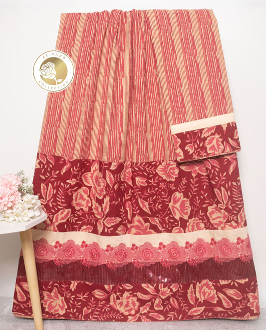 Red & Beige Stripes Rida With Smart Batik Floral Panel & Smart Lace