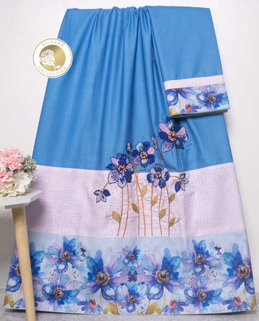 Denim Blue Rida With Smart Floral Panel & Beautiful Floral Work