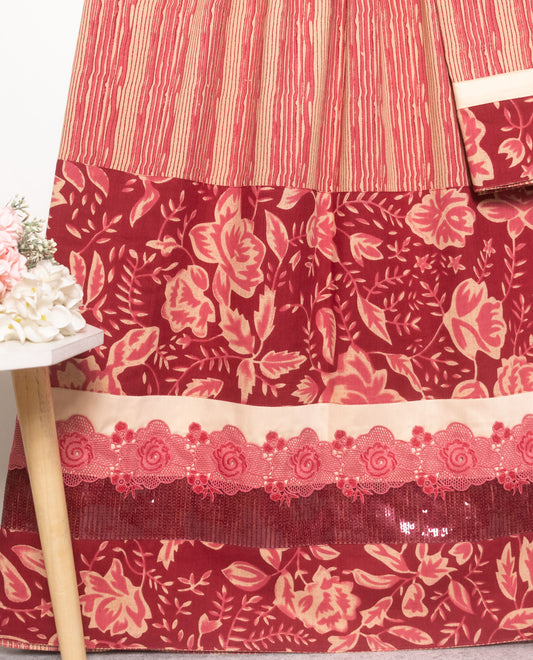 Red & Beige Stripes Rida With Smart Batik Floral Panel & Smart Lace