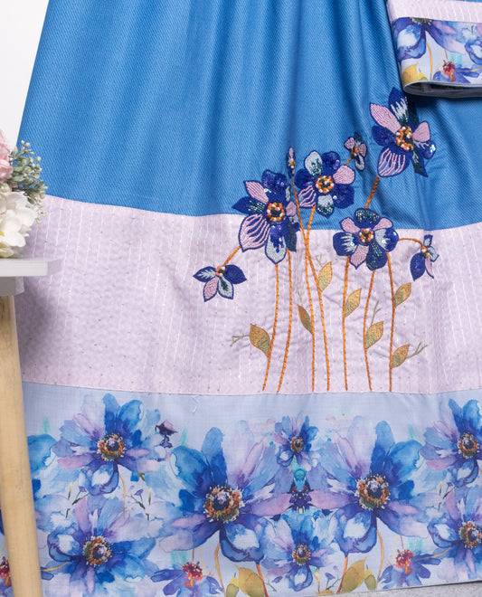 Denim Blue Rida With Smart Floral Panel & Beautiful Floral Work