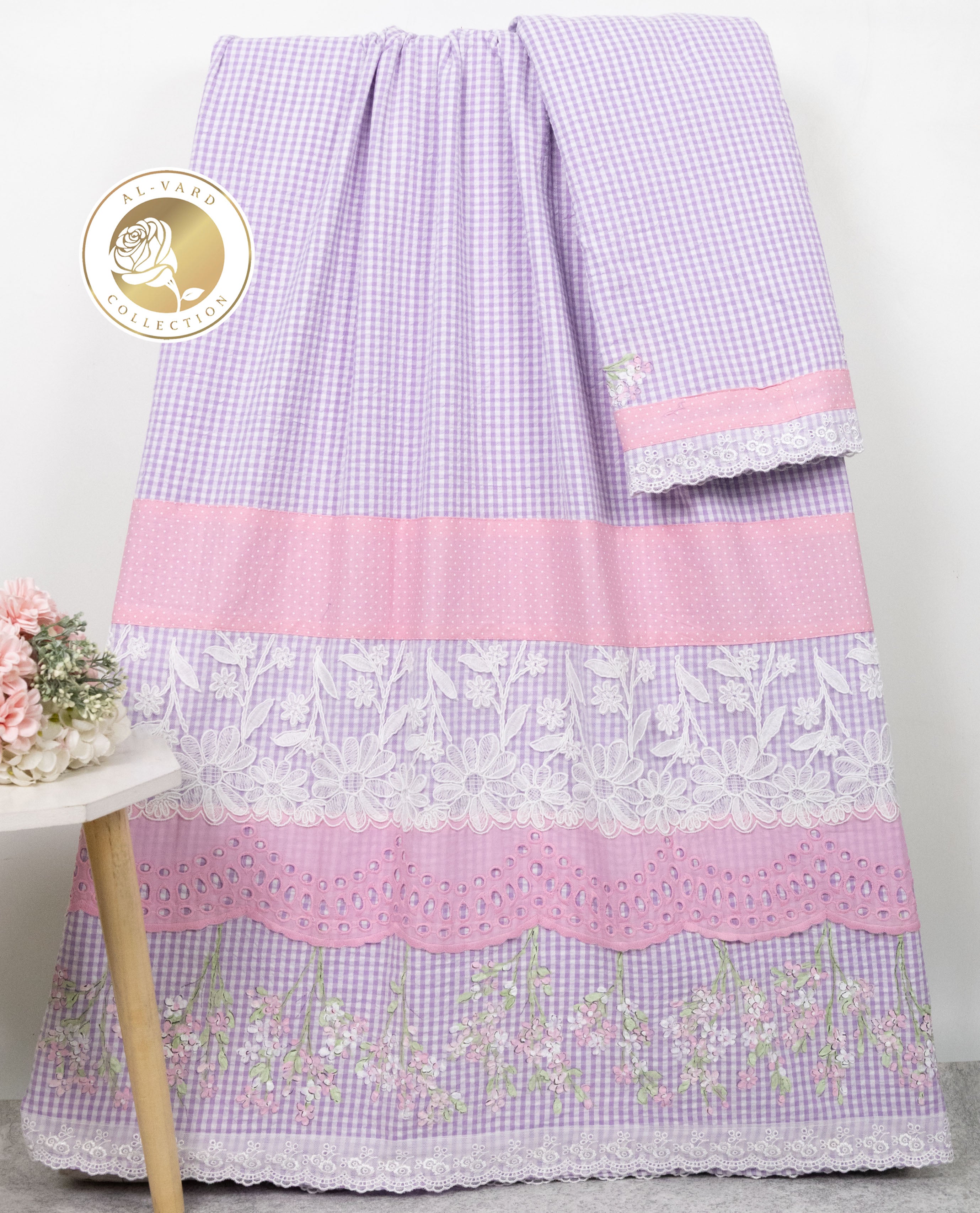 Lilac White Gingham SeerSucker Rida With Smart Lace & Floral Hand Painting-4300/-