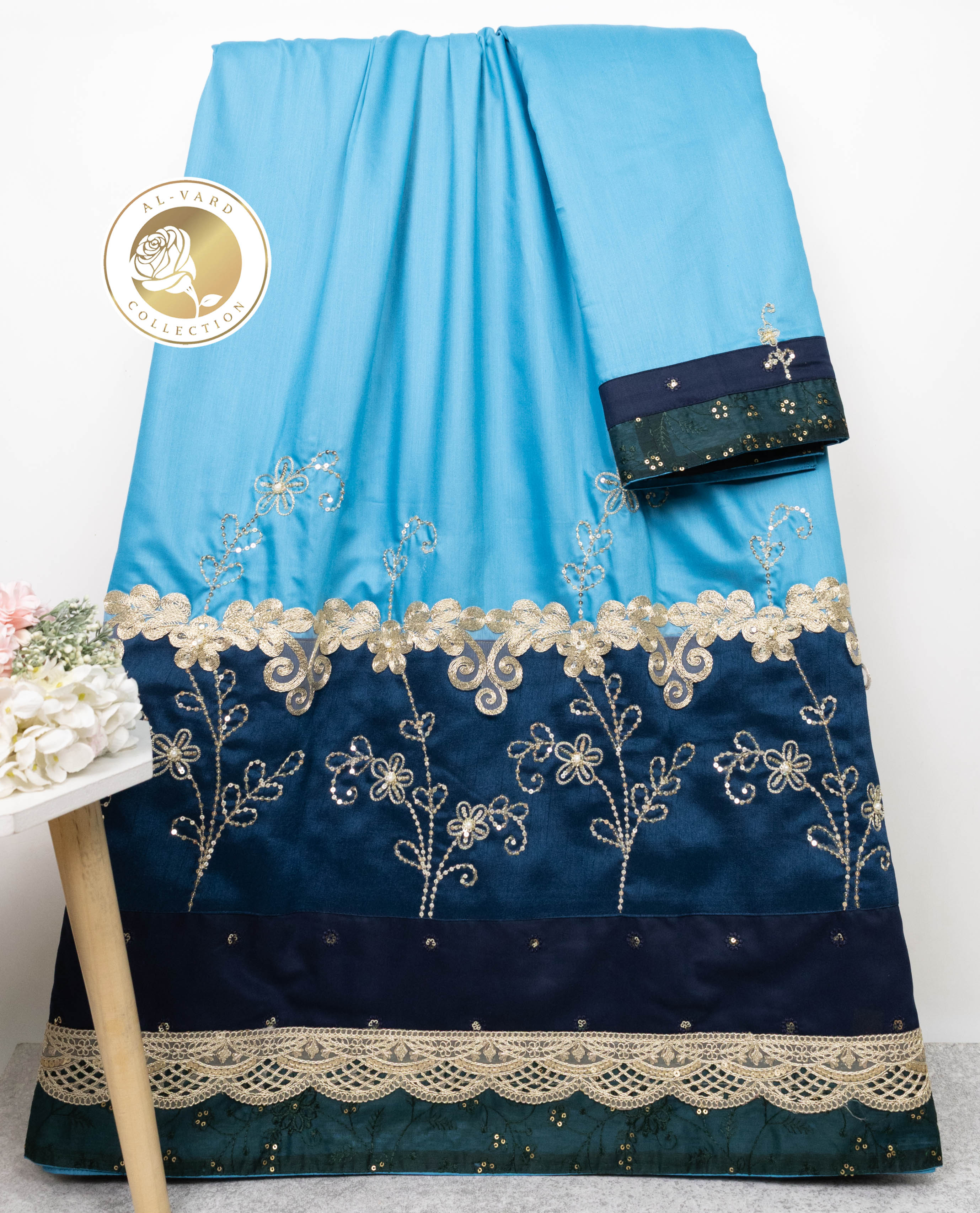 Cerulean Blue Rida With Dark Blue Panel Golden Lace & Smart Floral Aari Work