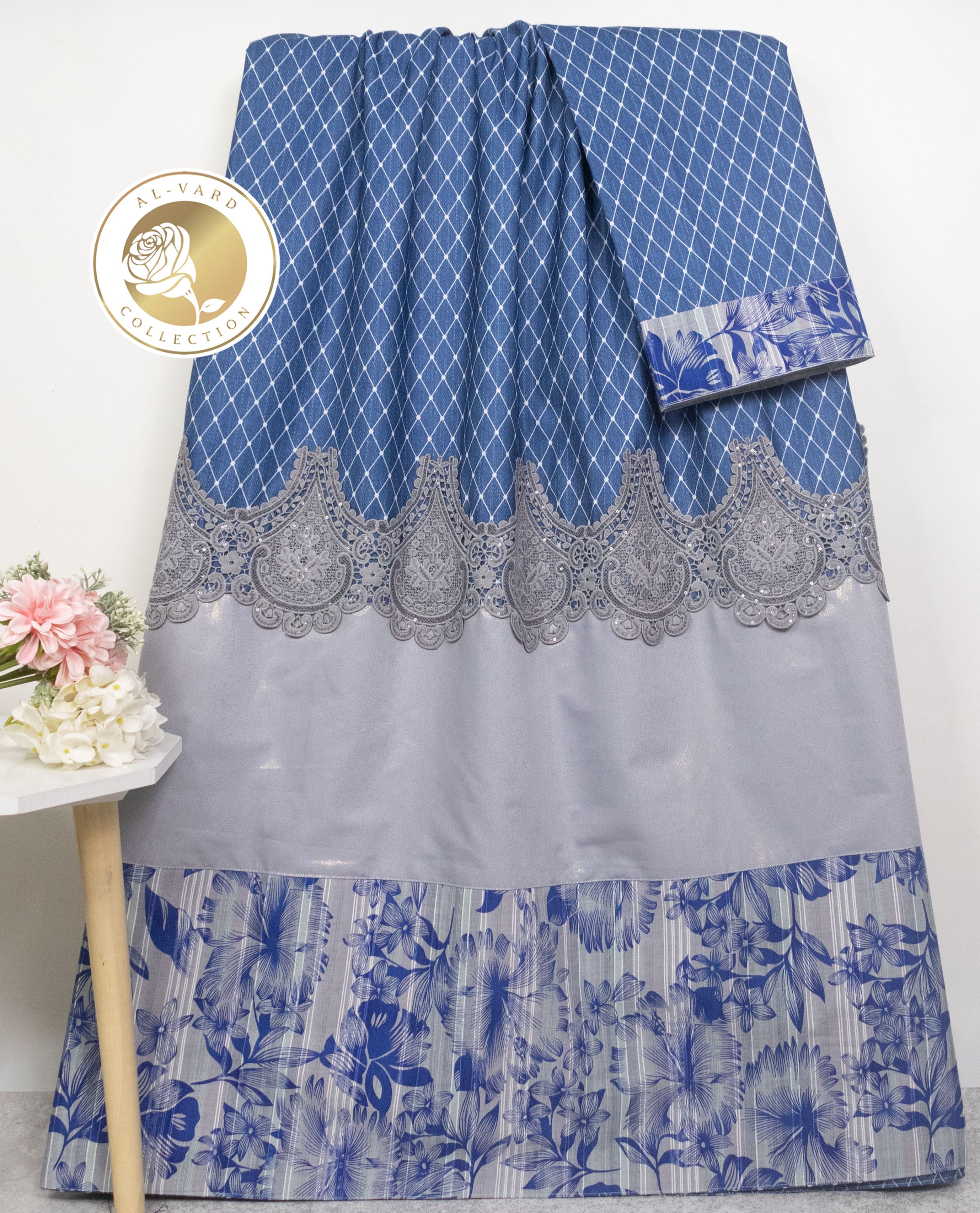 Denim Blue Net Design Rida With Smart Panel & Lace – AL-Vard Collection