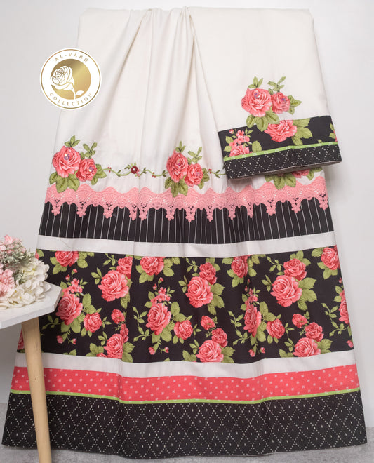 White Rida With Smart Rose Printed Panel & Floral Applique Work