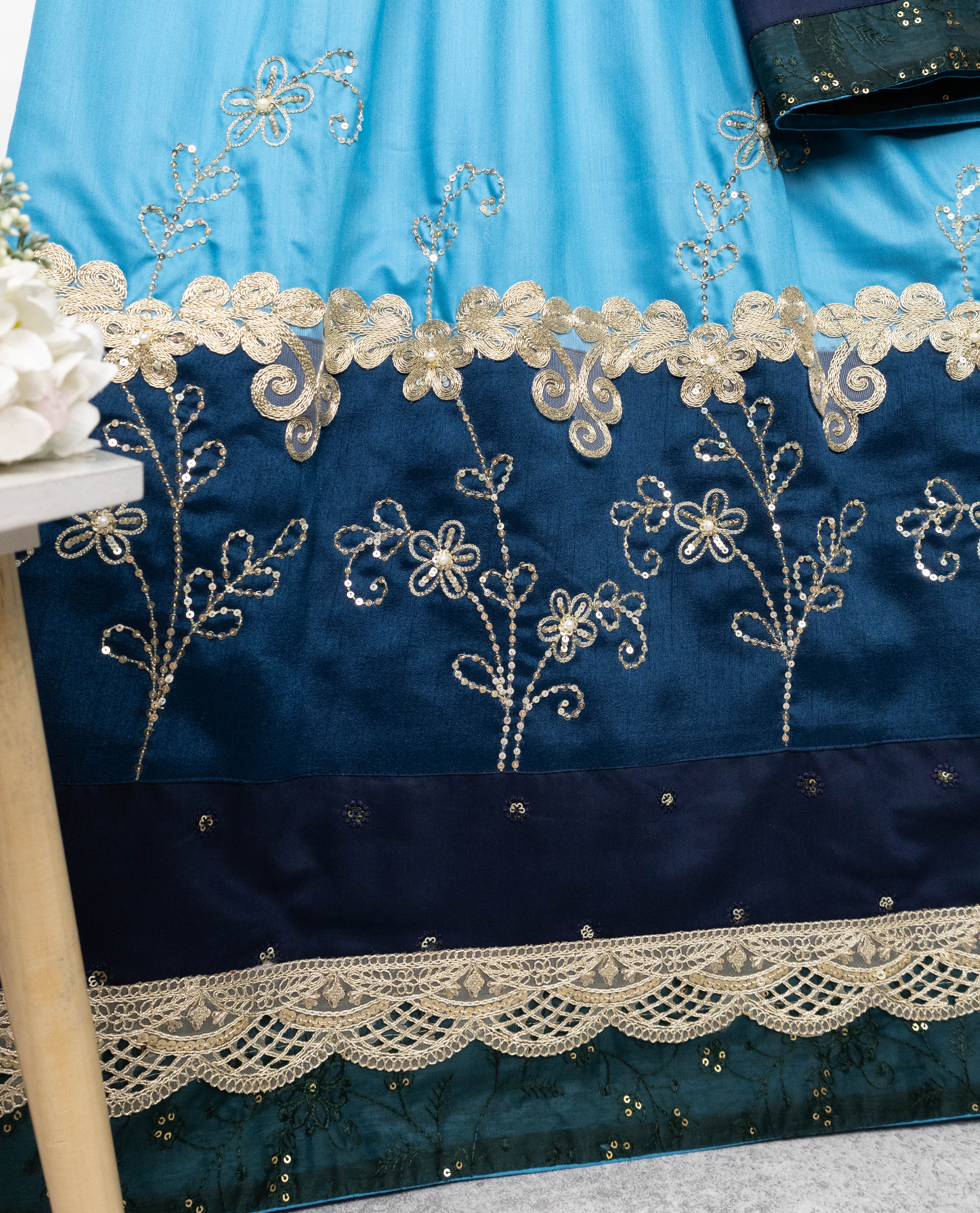 Cerulean Blue Rida With Dark Blue Panel Golden Lace & Smart Floral Aari Work